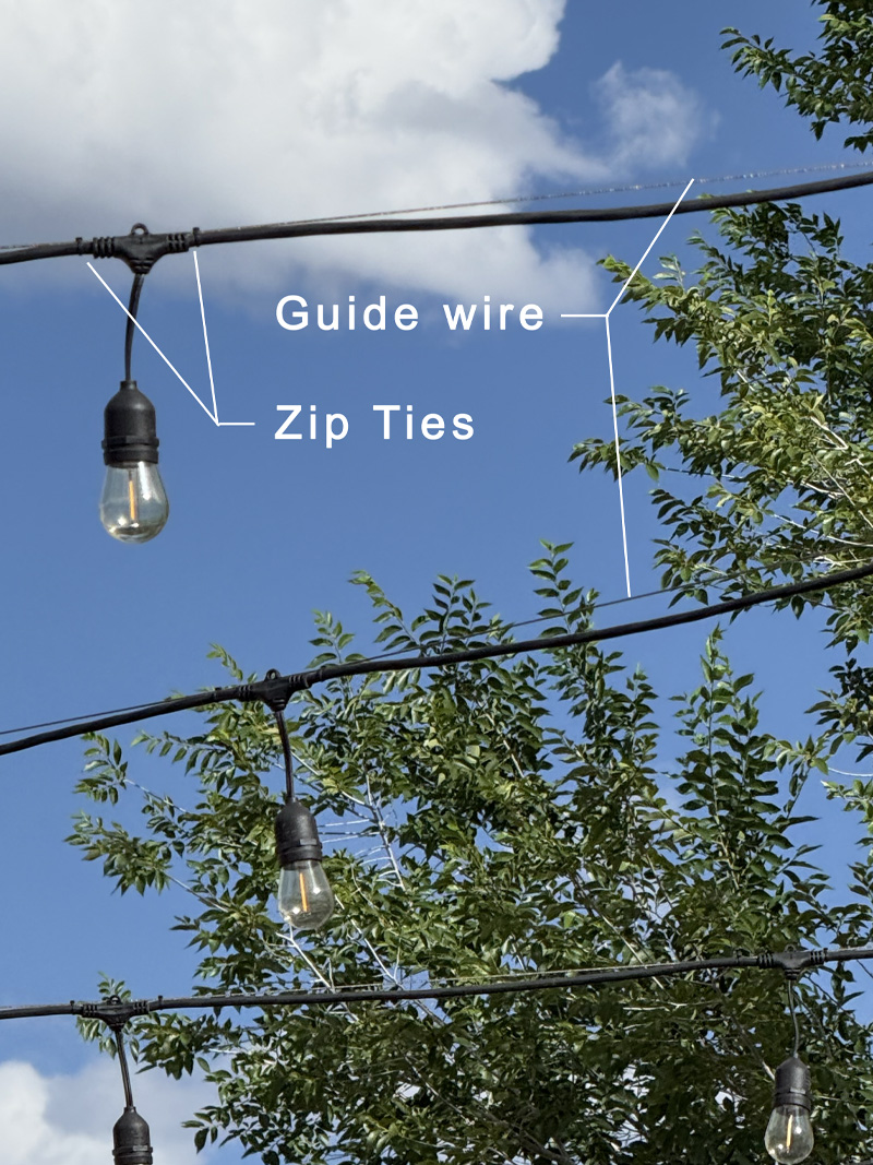 Guide wire and bistro lights connected with zip ties