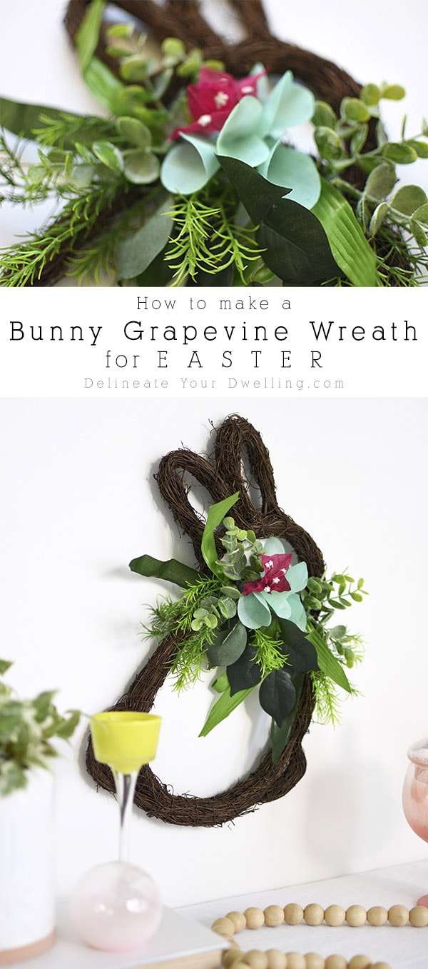 Learn how to make a festive DIY Easter Bunny Grapevine Wreath to hang on your wall this Spring.  Delineate Your Dwelling #BunnyWreath #BunnyGrapevinewreath #Eastergrapevinewreath