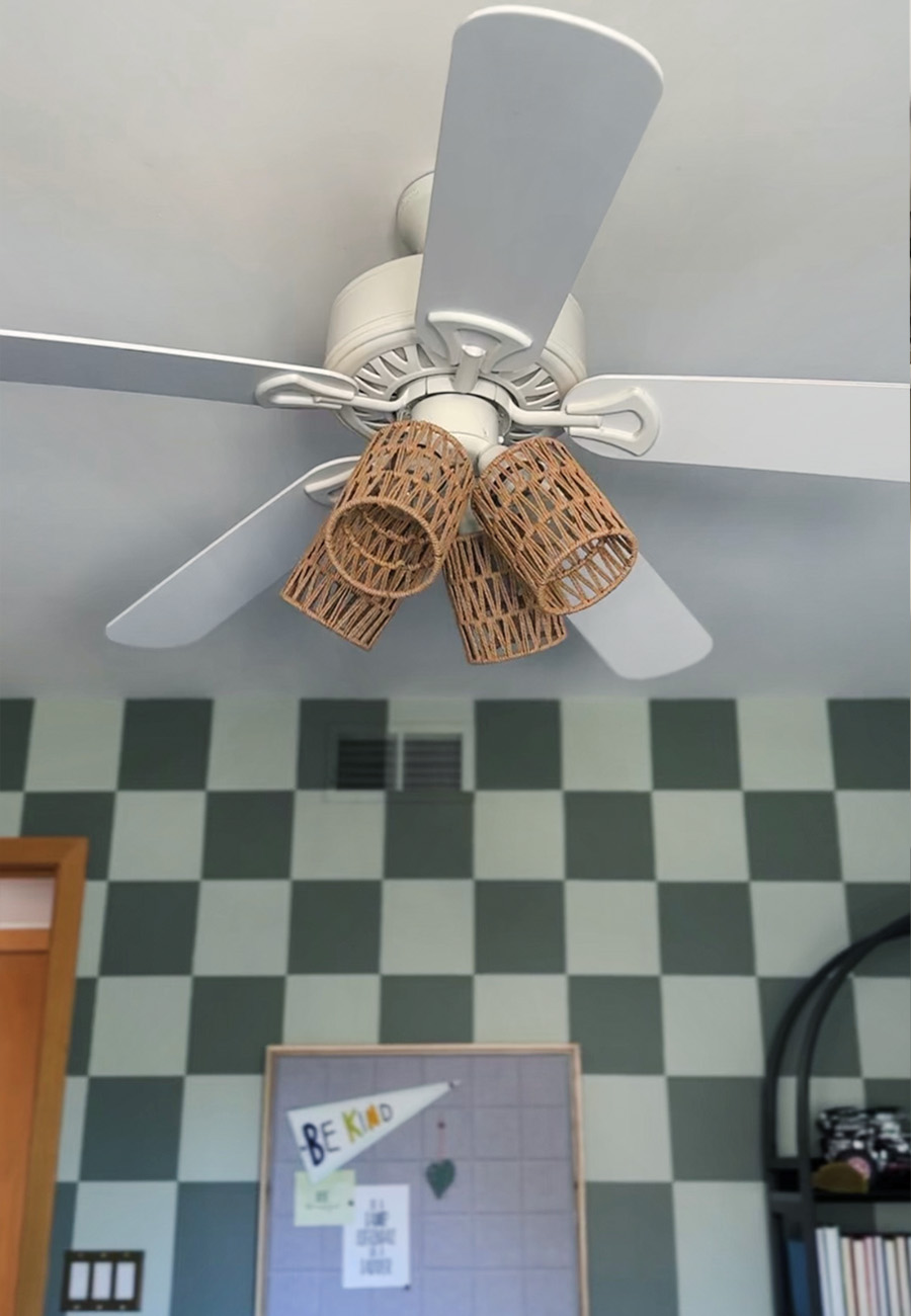 White ceiling fan with rattan light shades