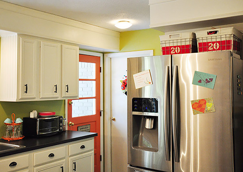 Green Walls Orange door kitchen