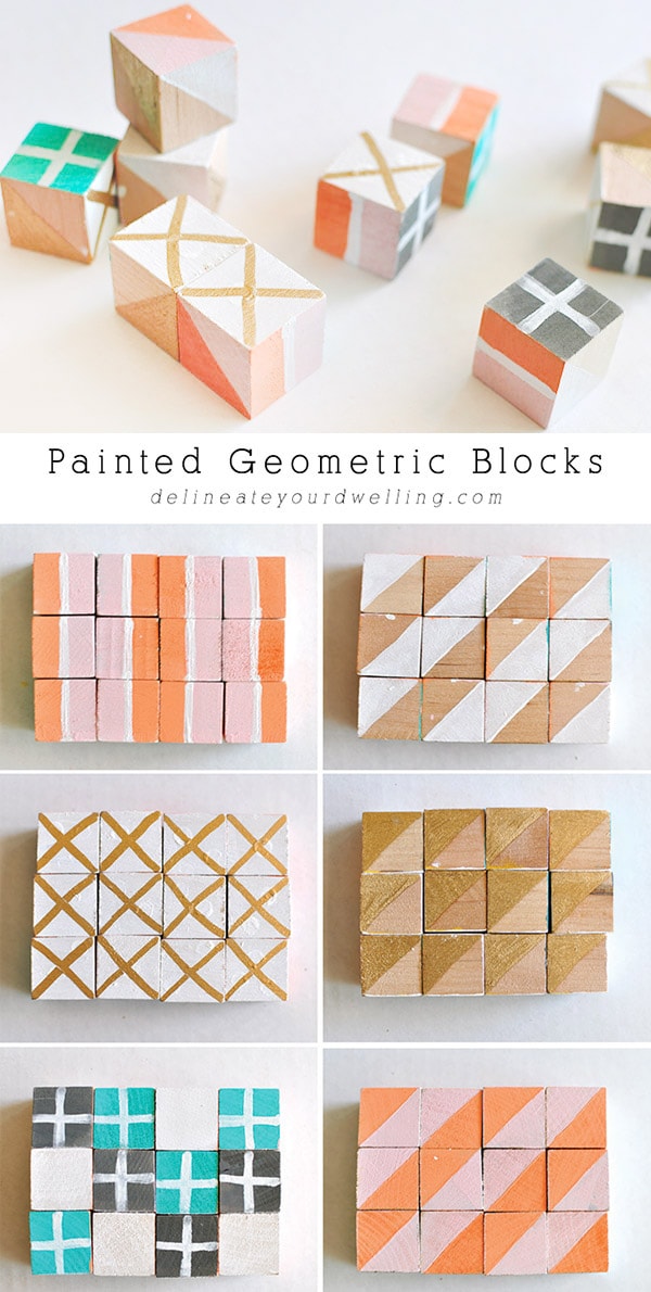 Check out all the fun and colorful patterns you can create when making Painted Geometric Blocks!  These are great to set out for decoration or to give as a baby gift. Delineate your dwelling #paintedblocks