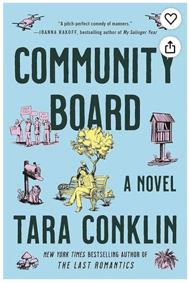 Community Board, blue background with illustrations of a Neighborhood Library, people picketing, a pet pig, mushrooms and a woman sitting on a bench - Fiction book
