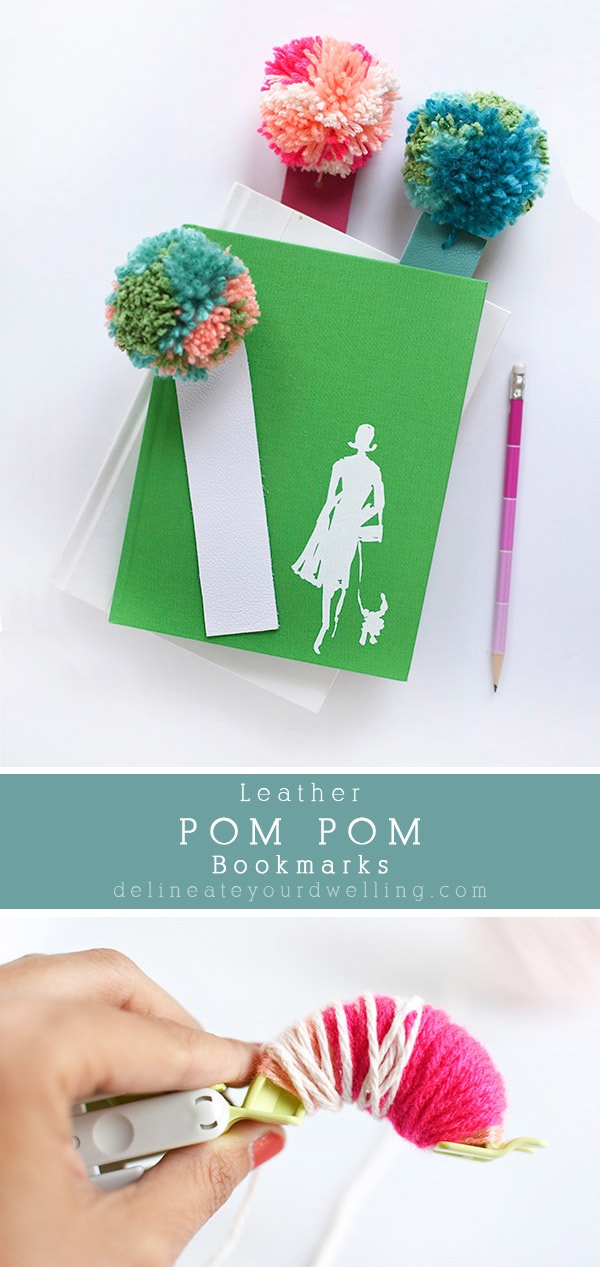 Leather and Yarn pom pom bookmarks