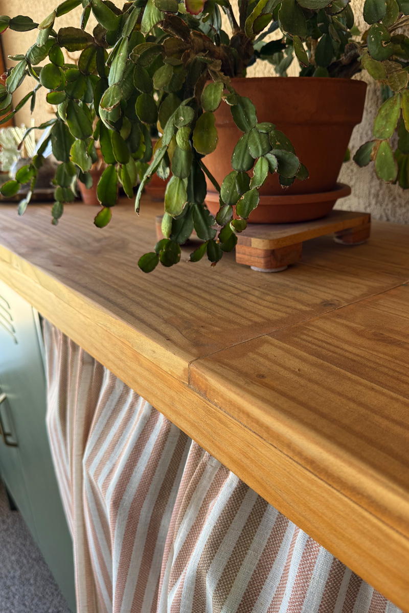 Wood seam of an outdoor tabletop