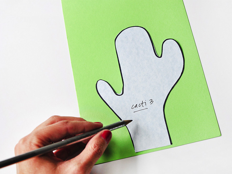 Trace cactus 3 template on bright green paper