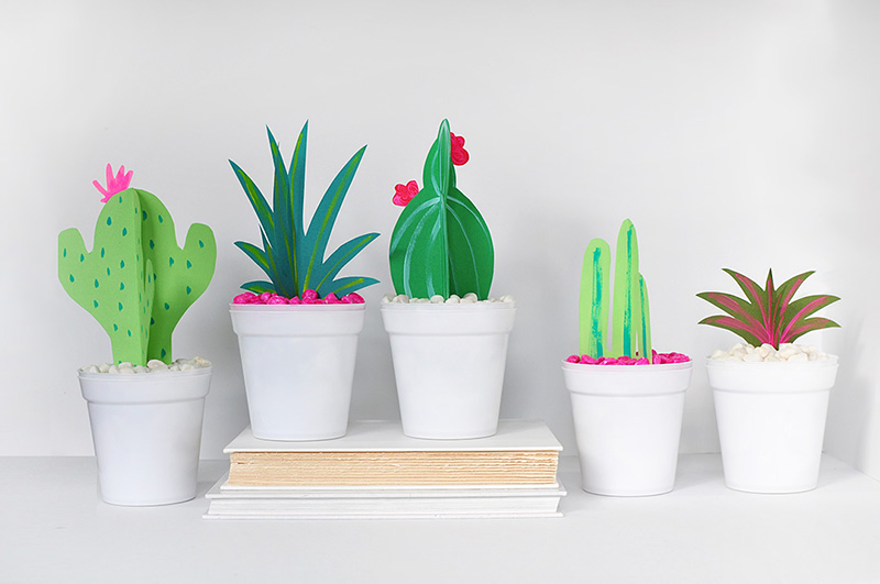 5 colorful paper 3D plants in white pots