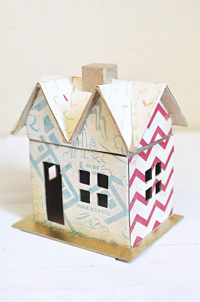 Blue, cream and red scrapbook paper house craft project