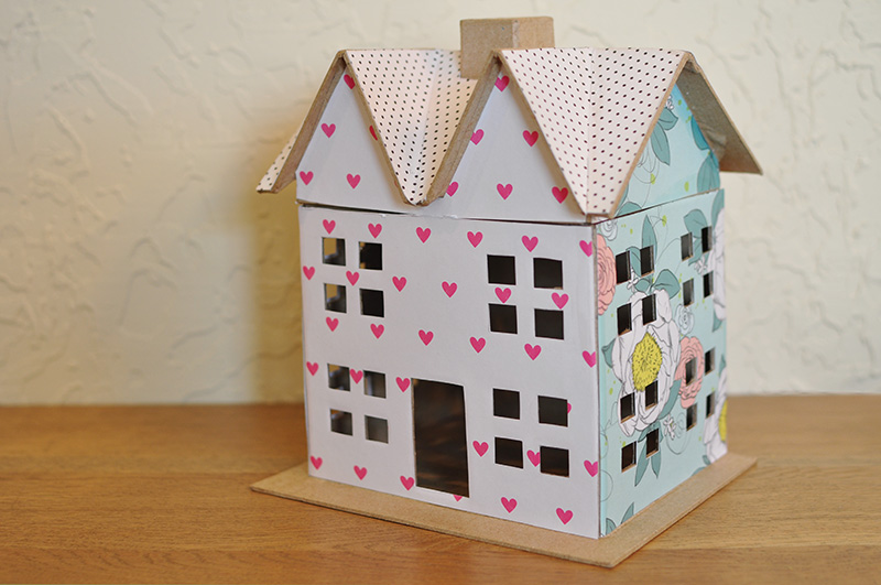 Paper mache pink heart and polka dot scrapbook paper house