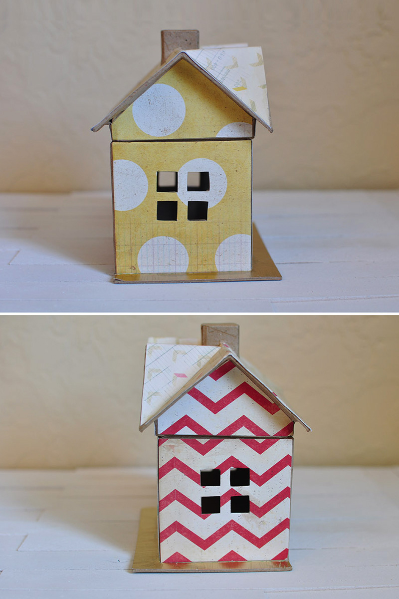 White and yellow polka dots, red chevron paper doll house