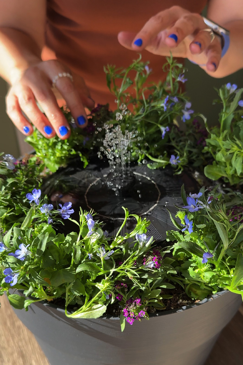 DIY water fountain with purple flowers