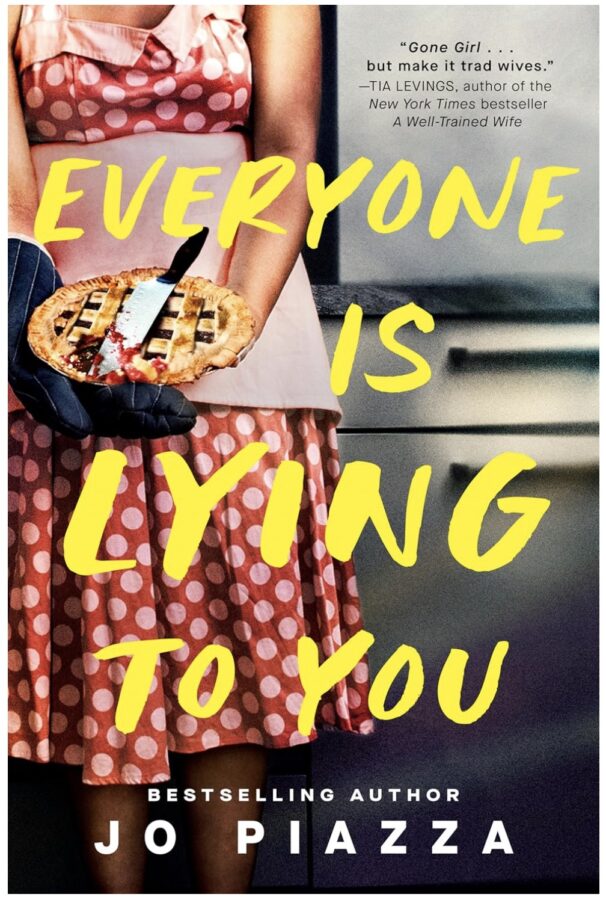 Everyone is lying to you, image of a women in a sweet polka dot dress and an apron holding a cherry pie and a knife - Fiction book