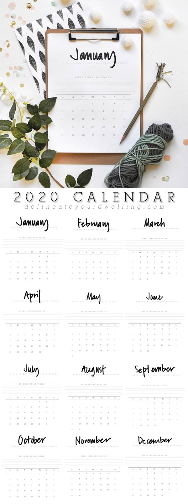 2020 Printable FREE Hand Lettered Calendar