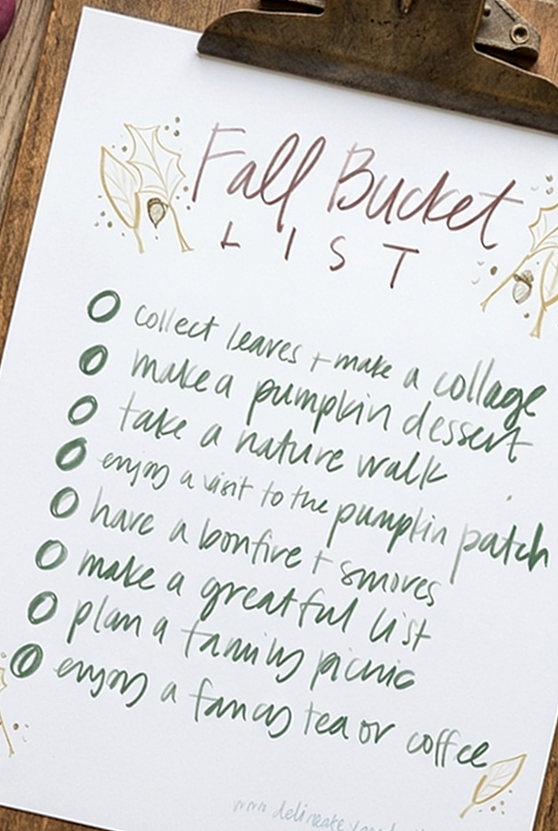 Close up of green and brown hand written bucket list for fall time activities