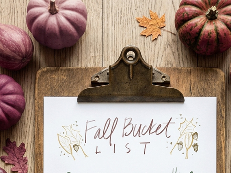 Old clipboard with plum and orange colored pumpkins and a Fall Bucket list print