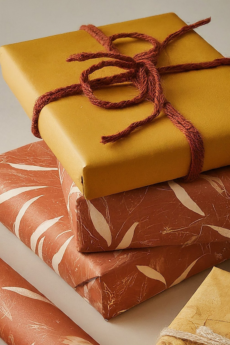 Rust and yellow wrapped presents