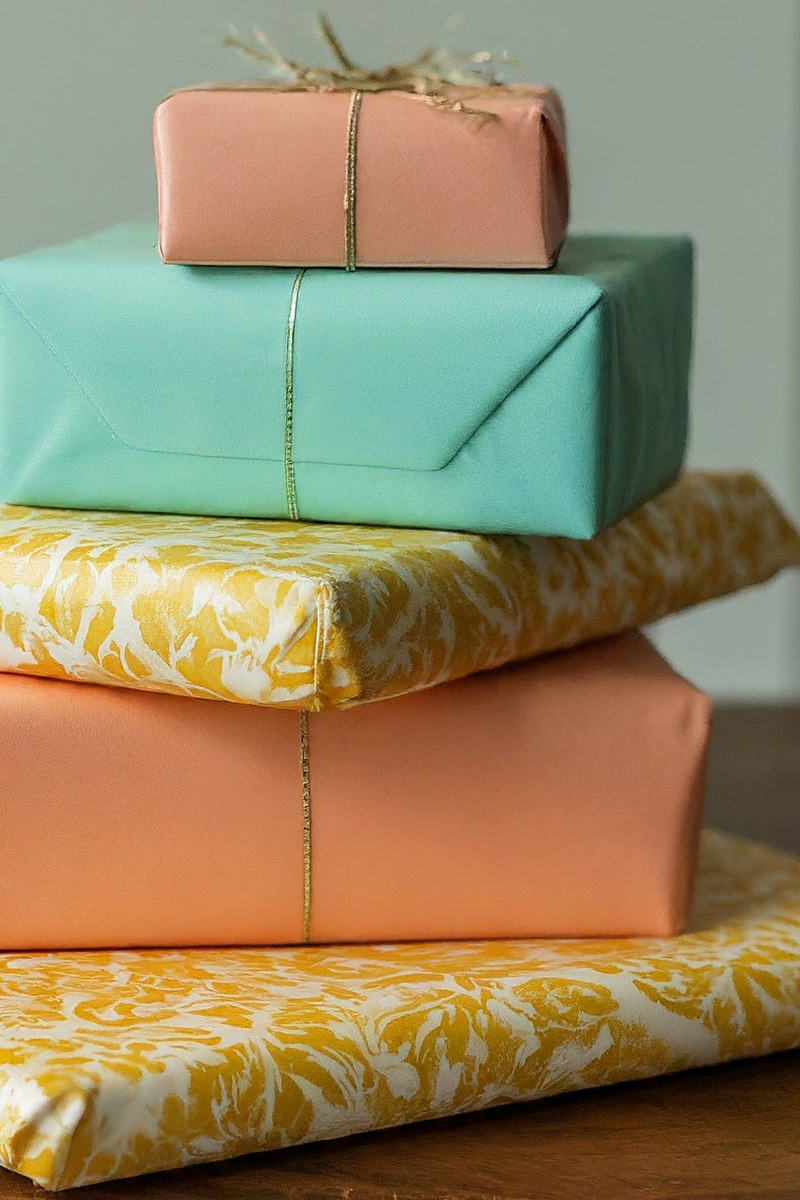 Peach and aqua wrapped gifts in a stack