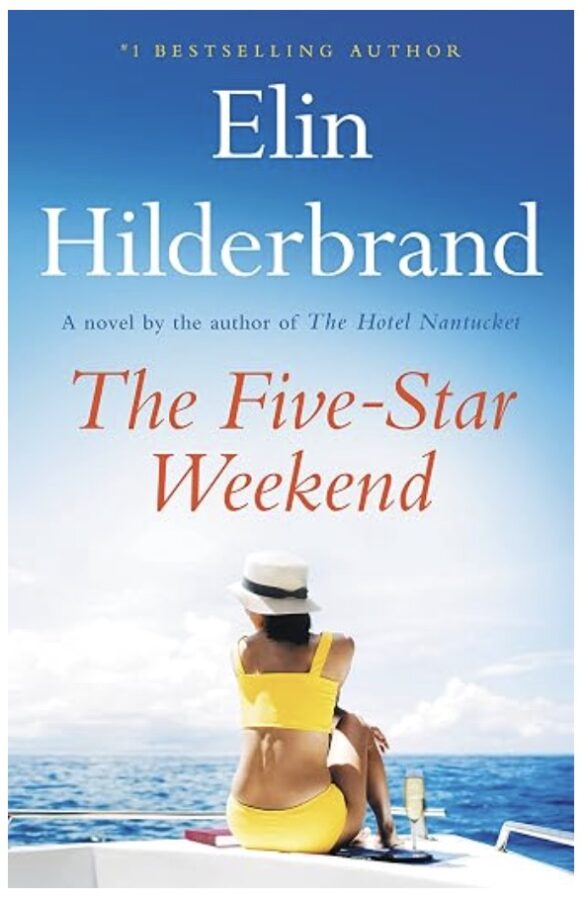 Ocean scene with a woman in a yellow bathing suit sitting on the edge of a boat, The Five Star Weekend - Fiction book