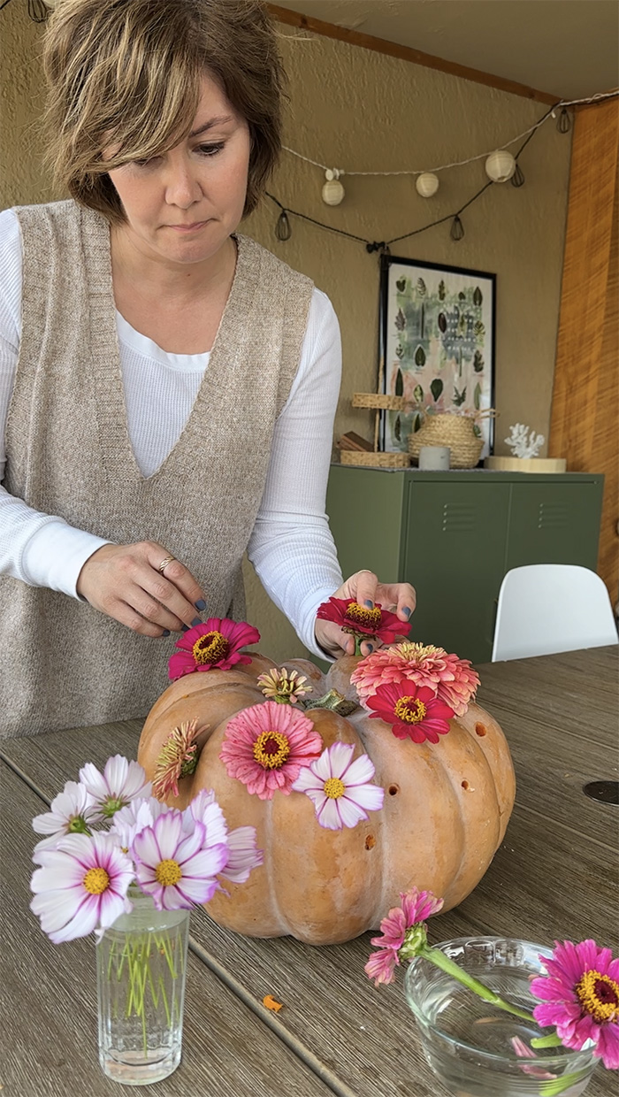 Flowers added to a pumpkin