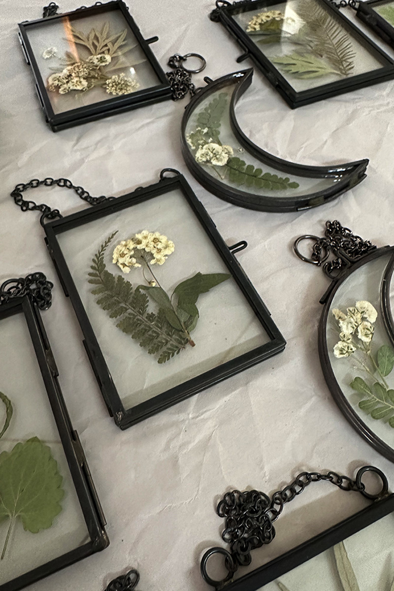 Pressed white flowers in glass frames