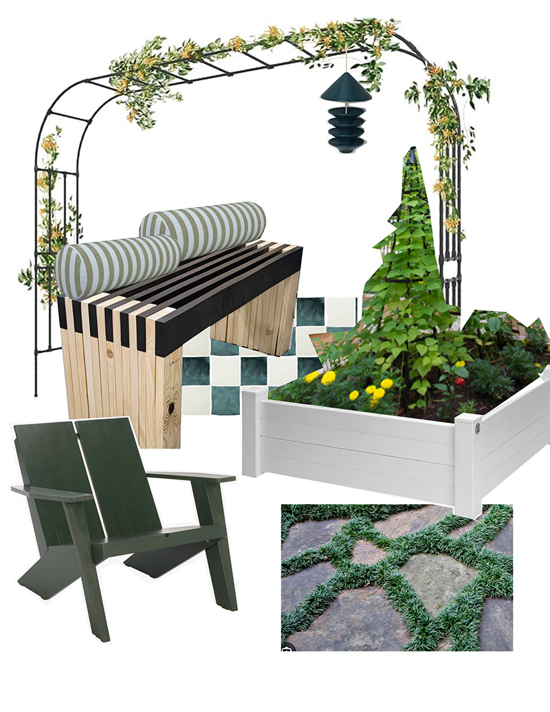 Arbor, raised garden bed, DIY bench, pavers with grass