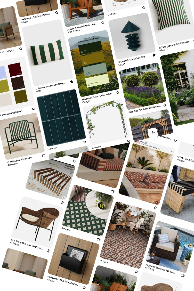 French Bistro, teal, green, rust and tan colors of backyard tiles, tables and chairs
