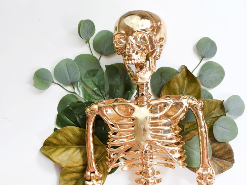 Eucalyptus and magnolia leaves glued to the back of a gold Halloween skeleton