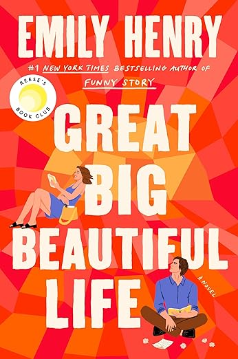 Great Big Beautiful Life, shades of red geometric pattern as the background with a man and a woman on the cover - Fiction book