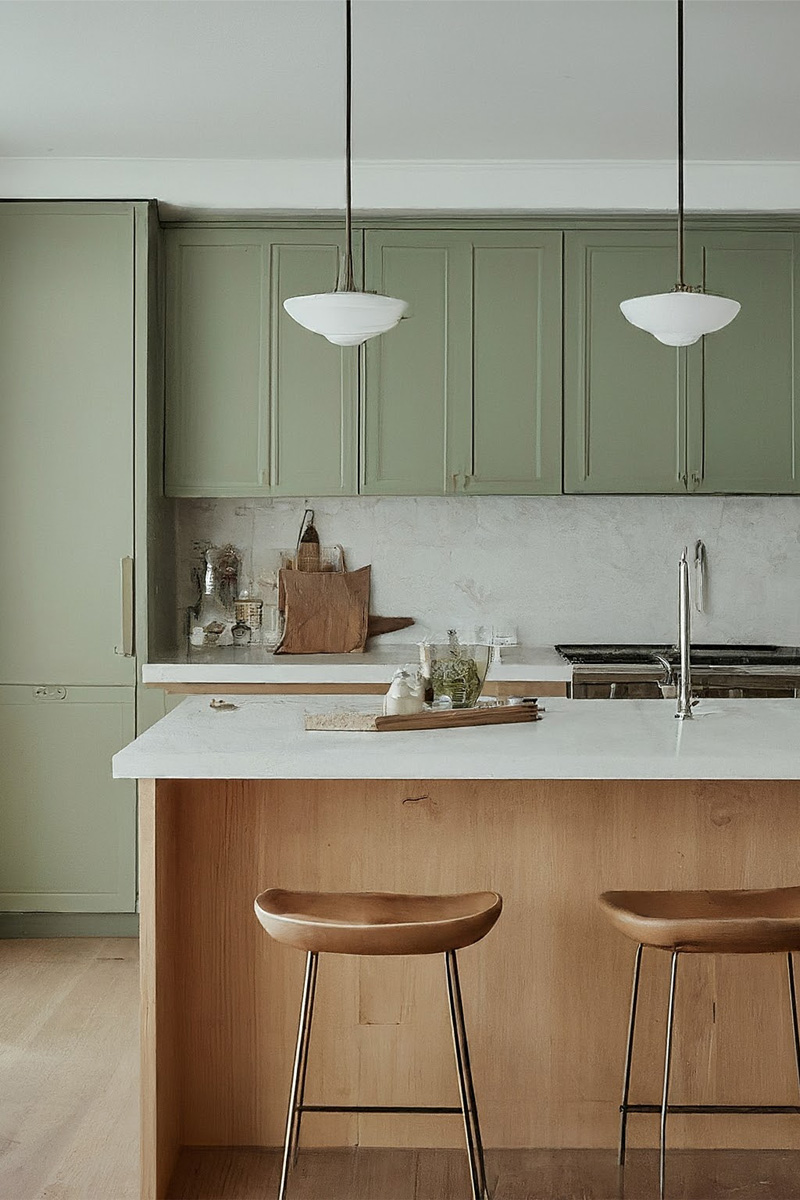 Green and wood tone kitchen cabinets