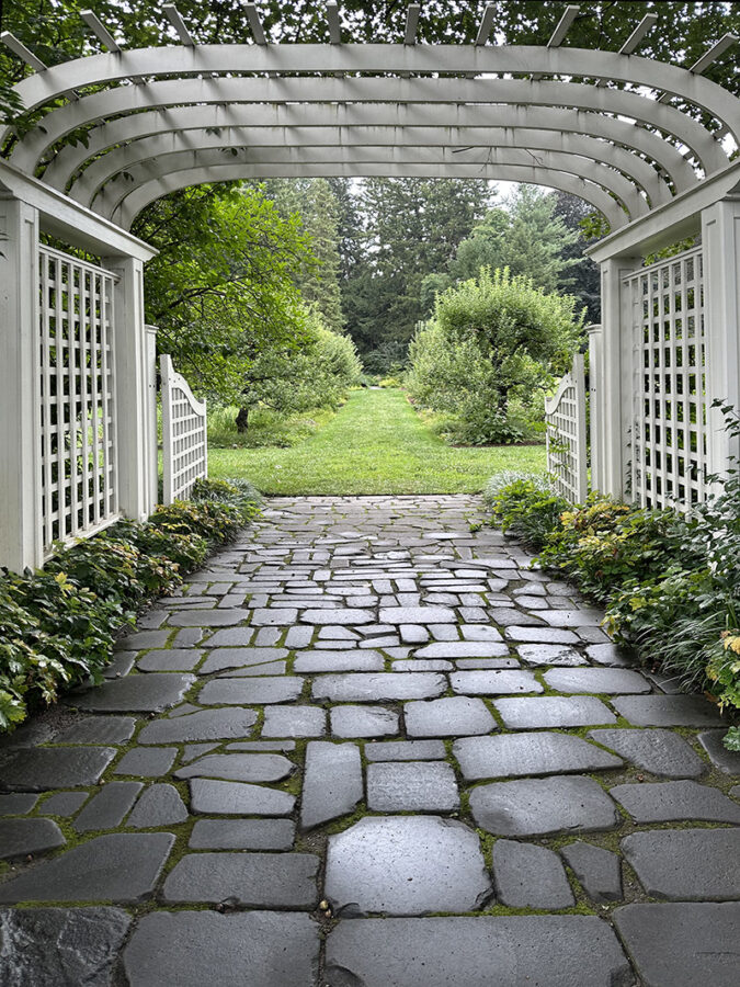 White outdoor Arbor, Newfields Art Museum 