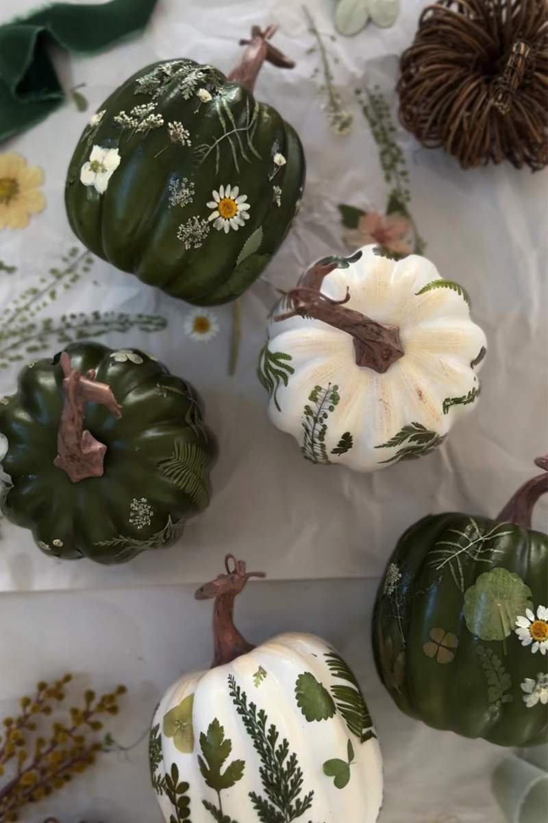 Green and White Pumpkins with Mod Podge Pressed Leaves 