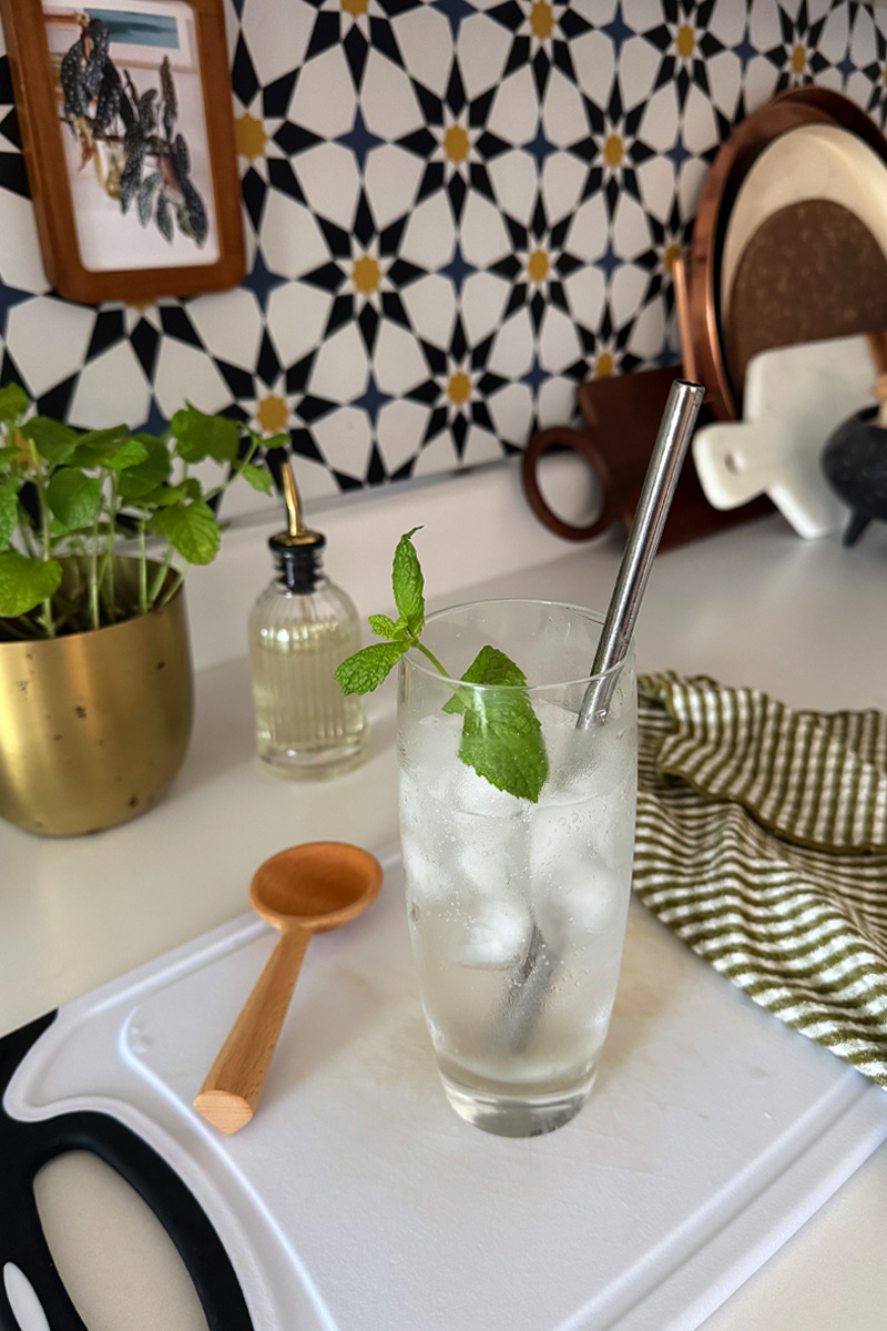 Garden Mint Mocktail in glass on kitchen counter