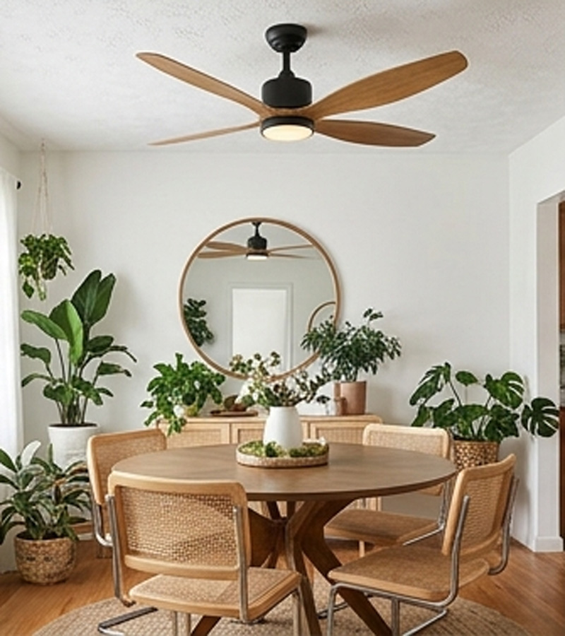Black and tan sleek ceiling fan in a bohemian styled dining room