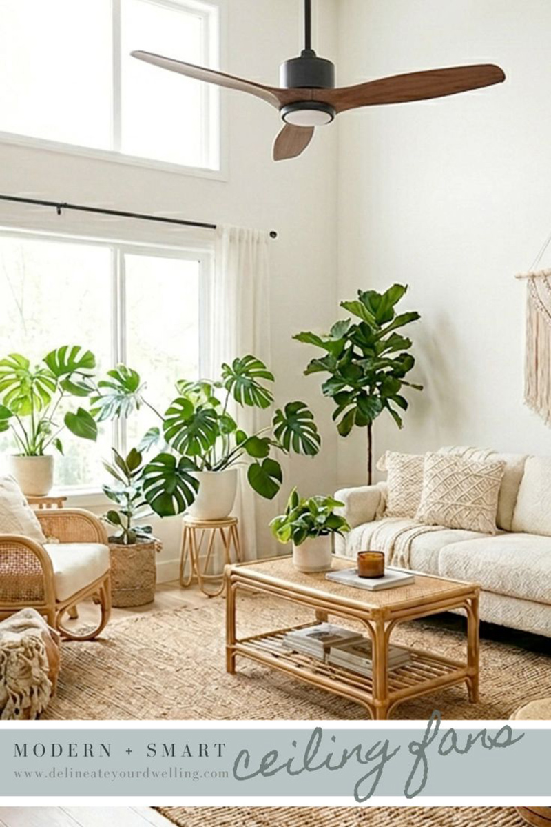 Modern black base with dark wood tone blade ceiling fan in a simple boho styled living room