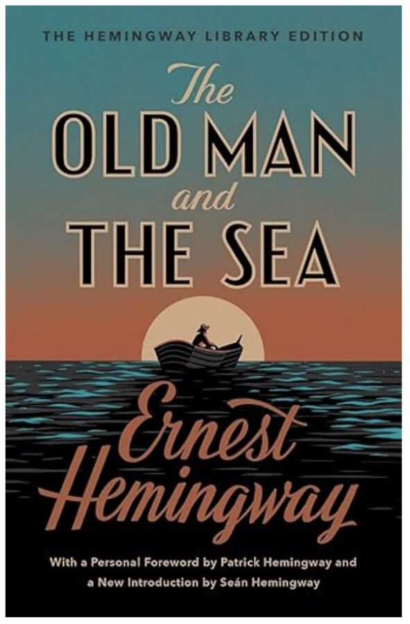 The Old Man and the Sea, scene of a man in a small rowbow on the sea with a setting sun - Fiction book
