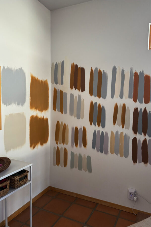 Blues and purples and brown paint combinations on wall