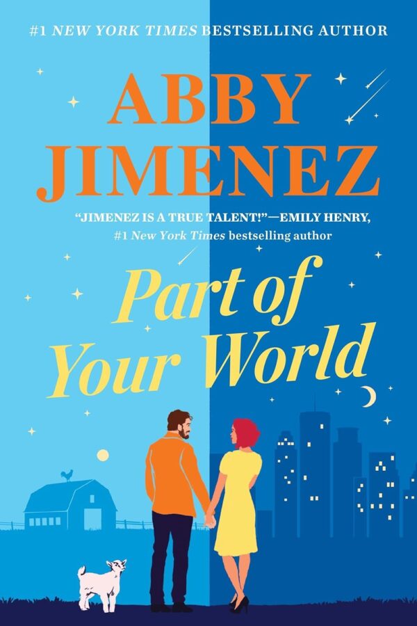 Part of Your World, man and woman holding hands with a blue background of a farm and the city cover - Fiction book