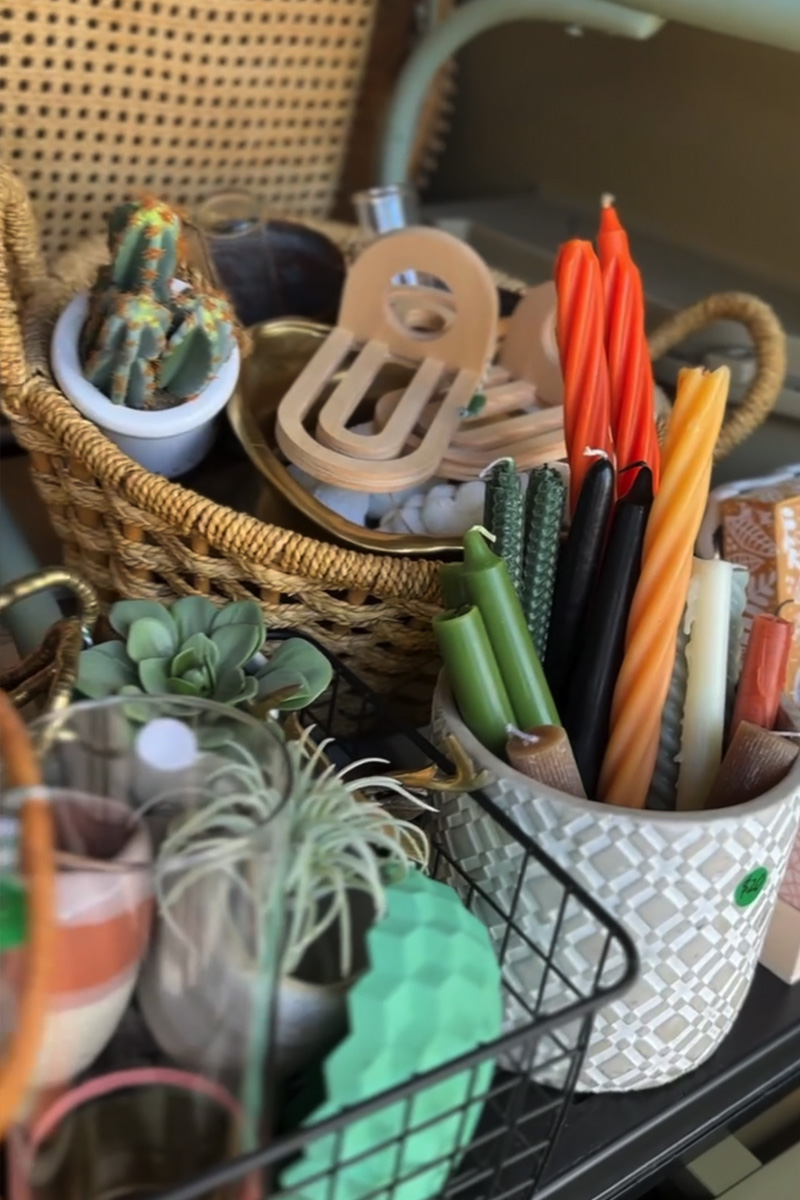 Green, orange, tan and black home decor items