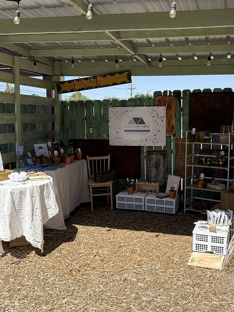 Plants and craft items displayed on shelves in a booth Plant themed Popup event
