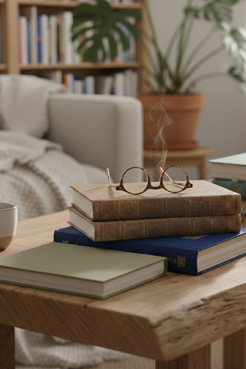 Books sitting on a cozy wooden coffee table