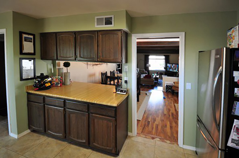 Green Kitchen, dark brown cabinets 
