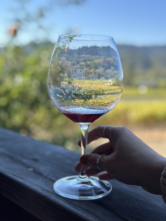 Red wine in a glass from Papapietro-Perry Winery in Healdsburg, CA