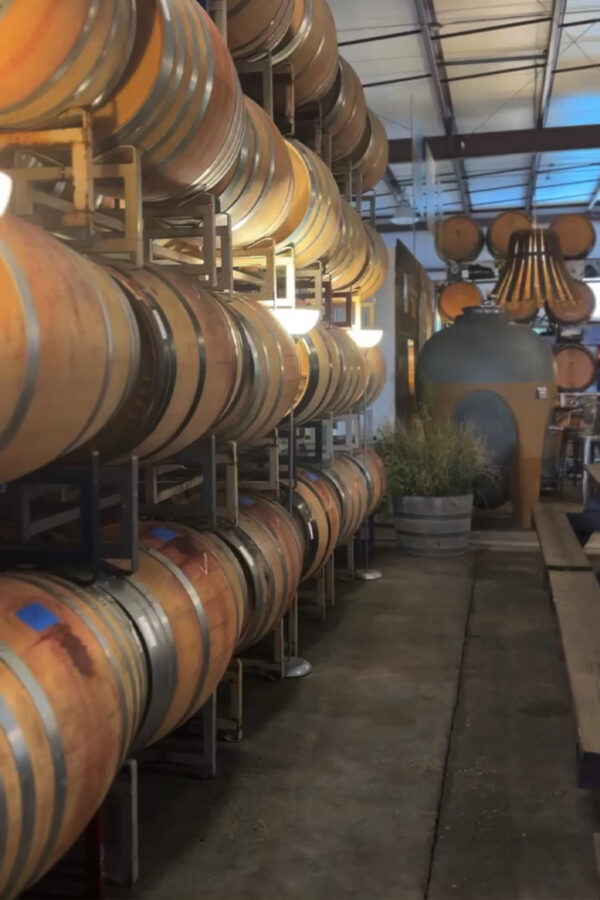 Stacked wine barrels at Kokomo Winery in Healdsburg, CA