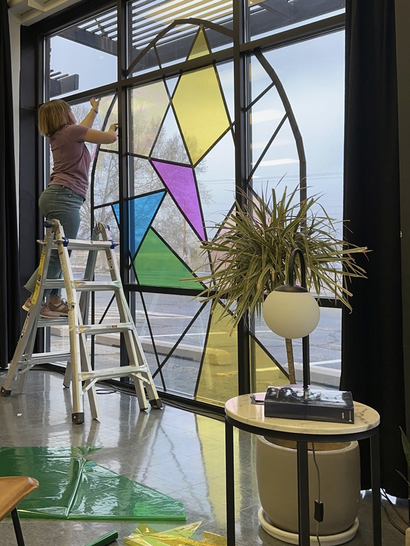 Adding pink cellophane stained glass window