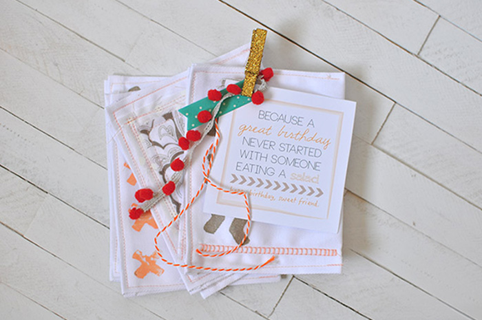 Birthday Stamped cloth napkins and printable gift tag