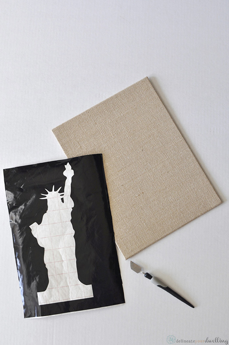 Black vinyl Statue of Liberty and burlap canvas