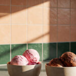 Strawberry and Chocolate ice cream in tan bowls
