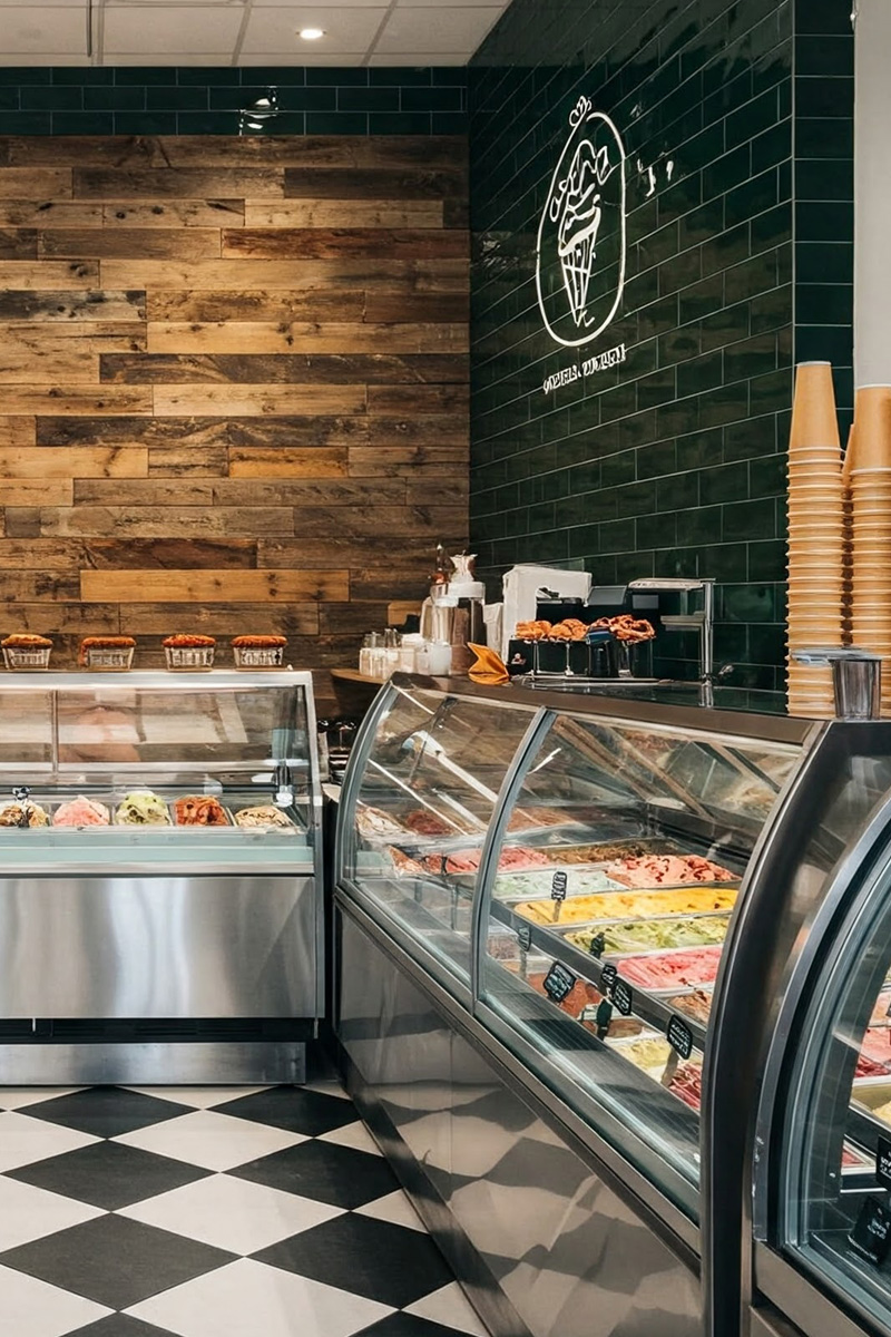 Dark teal tile and wood slat ice cream parlor