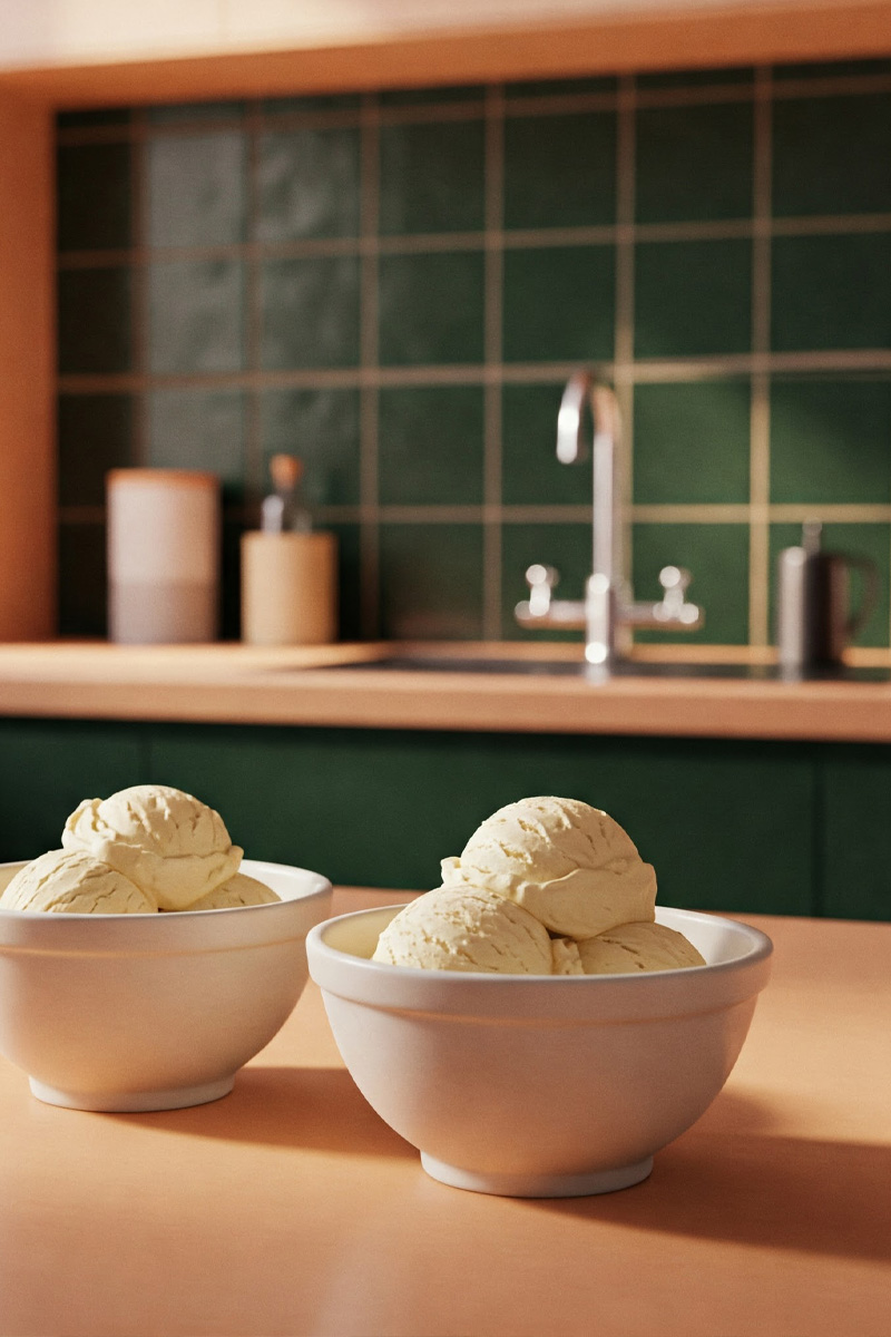 Vanilla ice cream in white bowls in a teal and peach kitchen