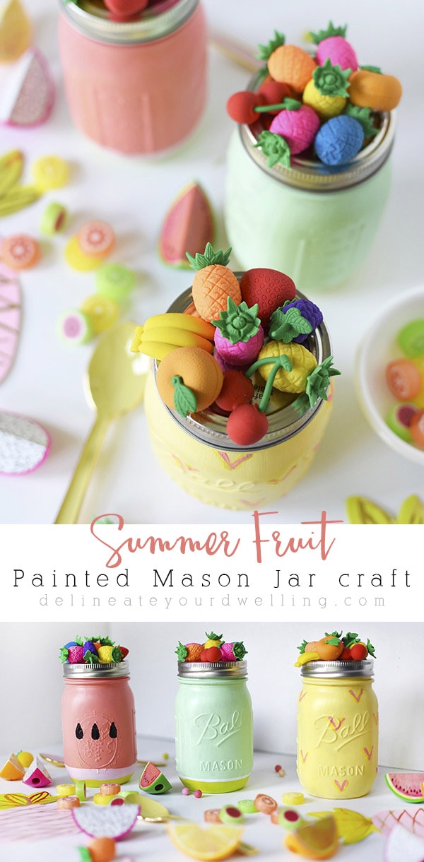 Learn how to create fun and colorfully painted Summer Fruit painted Mason Jars like a watermelon, a lime and a pineapple. They are perfect for holding tasty treats or filling with goodies for a gift. Delineate Your Dwelling #fruitmasonjar #masonjarcraft