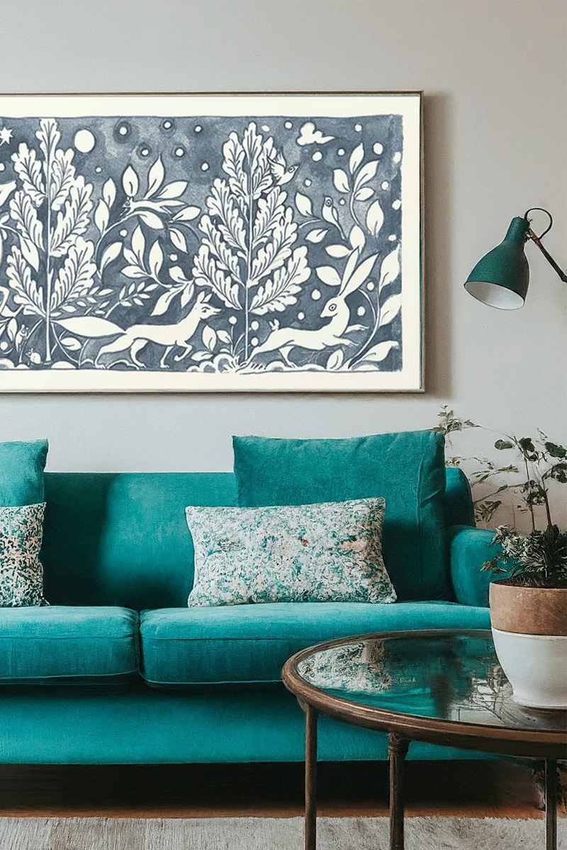 Bold teal sofa